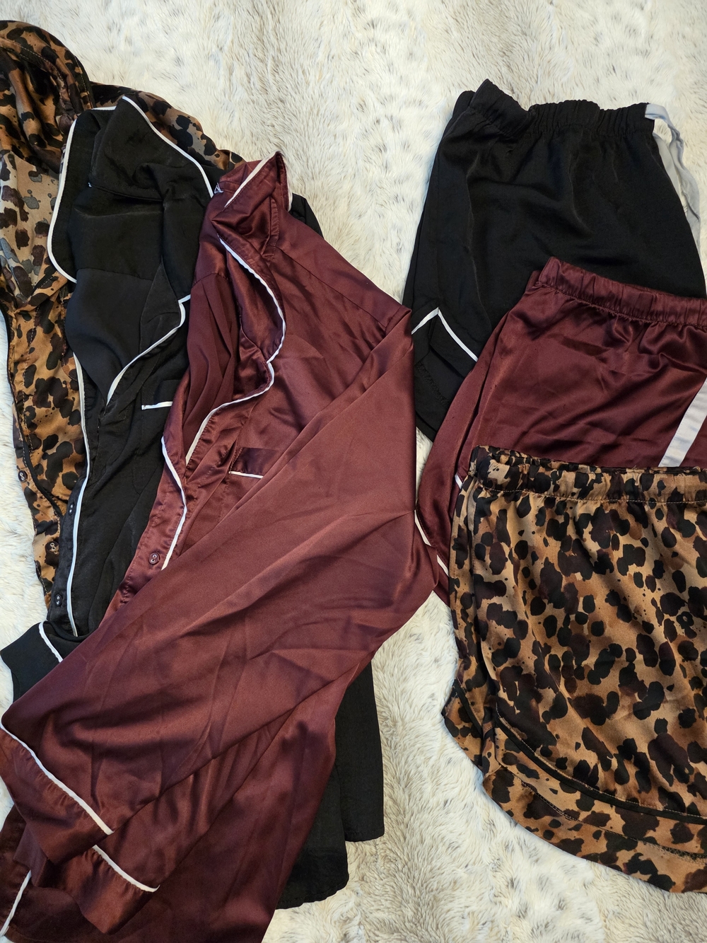 3 Sets Of Satin Pajamas - Black, Leopard, and Burgundy LARGE - Picture 2 of 6